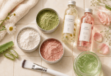 elegante con argilla verde, argilla bianca e argilla rosa in ciotole di alluminio, idrolato di camomilla, idrolato di rosa, gel di aloe vera e pennello per maschera viso su piastrelle color crema