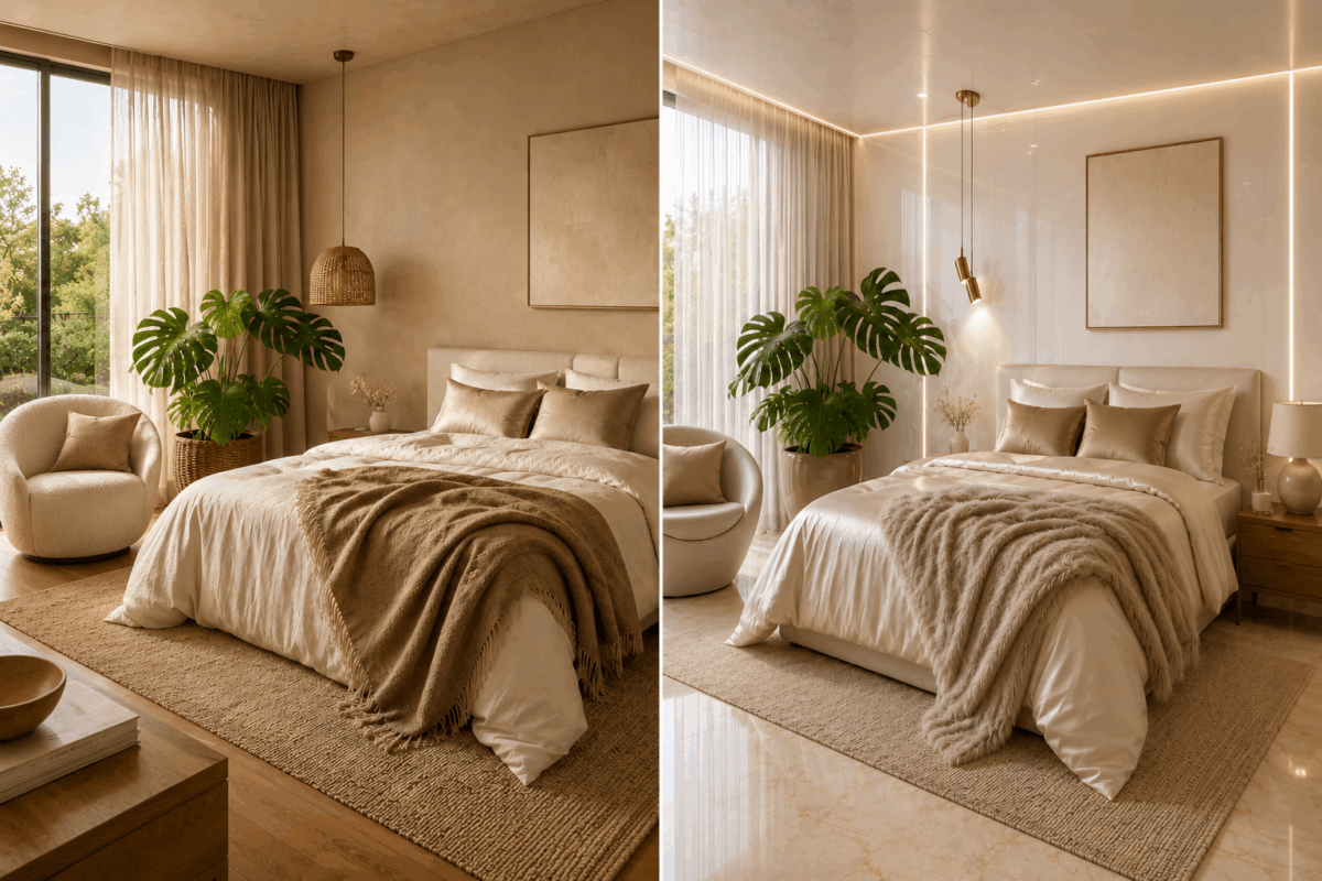 Camera da letto divisa in due ambienti a confronto: da un lato materiali naturali e tattili come lino, lana, parquet, rattan e parete tortora; dall’altro materiali sintetici, superfici lucide, marmo e luci al neon