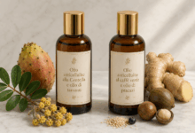 Due flaconi ambrati di olio anticellulite naturale con tappo dorato, etichette beige, ingredienti botanici come Centella, tamanu, fico d’India, lentisco, elicriso, caffè verde, pracaxi, zenzero e macadamia su piano in marmo
