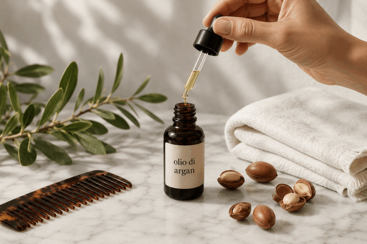 Bottiglia di olio di argan con contagocce su marmo bianco, accanto a pettine, foglie e mandorle di argan, per ricette naturali su pelle e capelli.