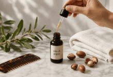 Bottiglia di olio di argan con contagocce su marmo bianco, accanto a pettine, foglie e mandorle di argan, per ricette naturali su pelle e capelli.