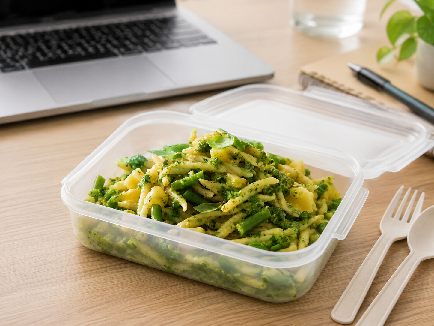 Pasta fredda al pesto con fagiolini e patate lesse da portare in ufficio 