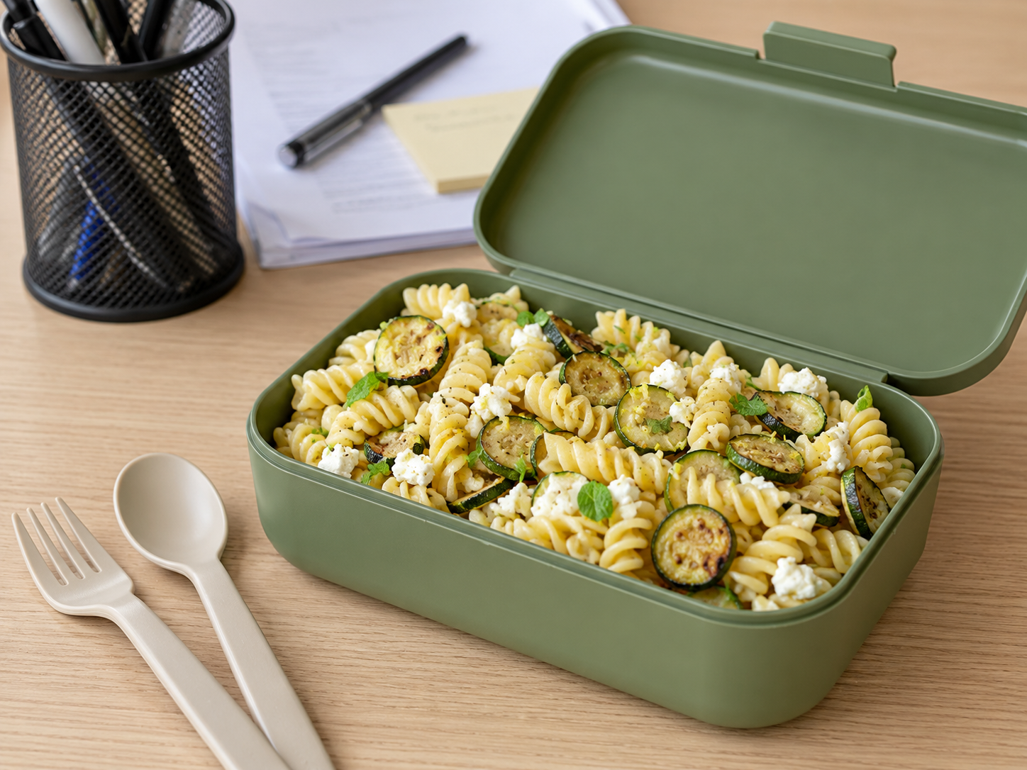 pasta fredda alle zucchine e fgeta sbricolata con pepe