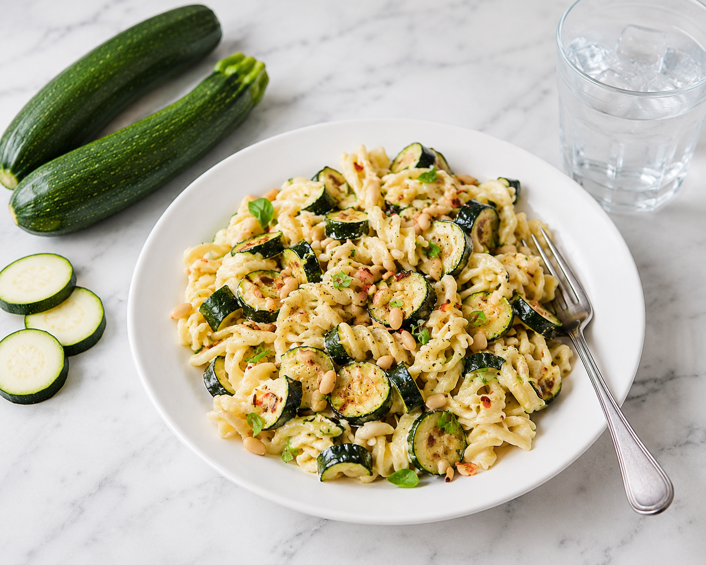 Pasta fredda con zucchine, robiola, basilico e pinoli servita in un piatto bianco su piano in marmo, con forchetta, bicchiere d’acqua ghiacciata e zucchine fresche accant