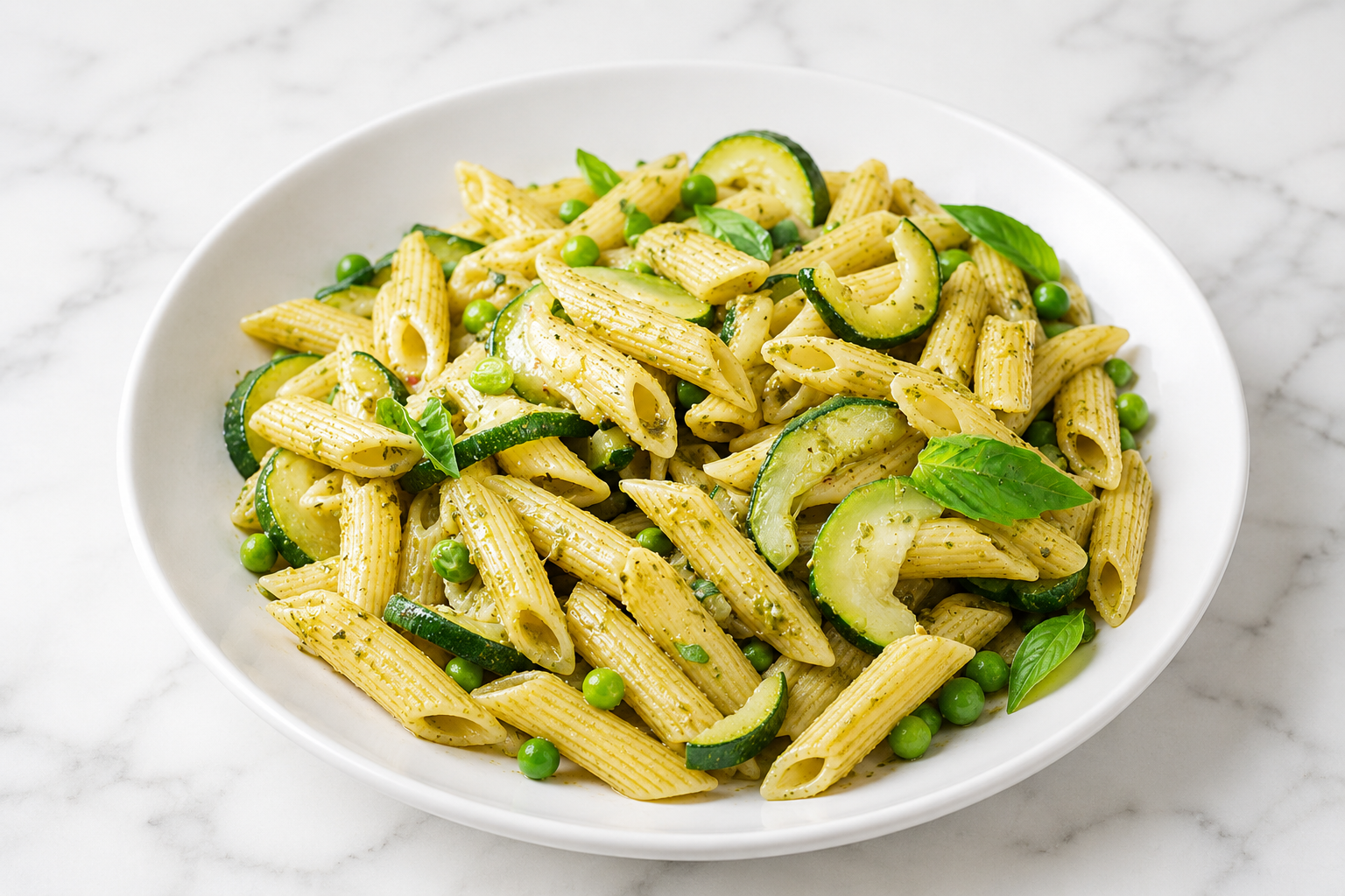 Penne al pesto con zucchine, piselli e basilico fresco servite in un piatto bianco su piano in marmo bianco.