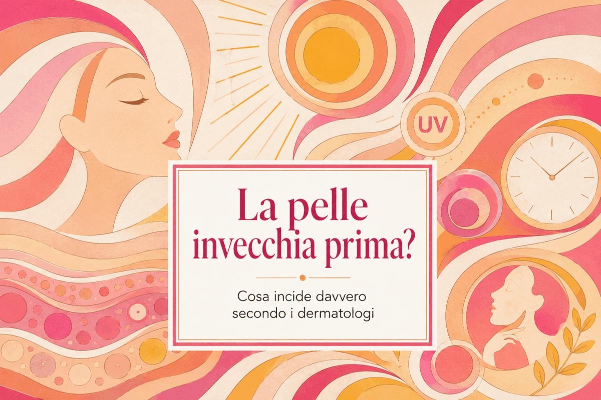 i fattori che fanno invecchiare prima la pelle, con volto femminile, sole, raggi UV, tempo e simboli del benessere cutaneo