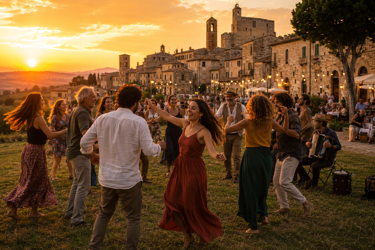 Molte persone ballano insieme al tramonto in un prato vicino a bar e ristoranti di un centro storico italiano, con musica dal vivo e atmosfera serena