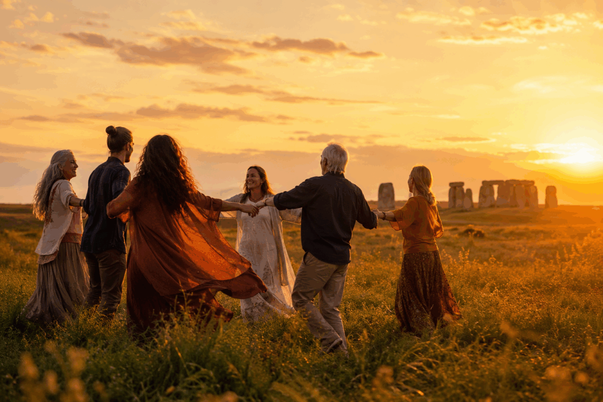 Gruppo di persone che ballano insieme al tramonto in un prato, con un monumento di pietra sullo sfondo e un’atmosfera calda e serena