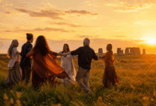 Gruppo di persone che ballano insieme al tramonto in un prato, con un monumento di pietra sullo sfondo e un’atmosfera calda e serena