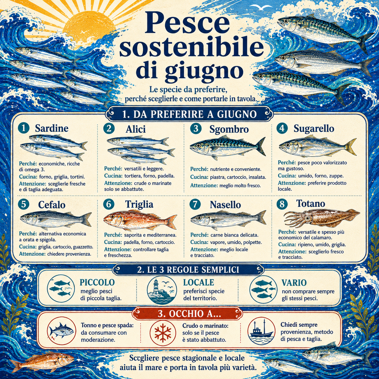 Infografica illustrata sul pesce sostenibile di giugno con le specie da preferire, i motivi per sceglierle e i consigli per comprarle e cucinarle