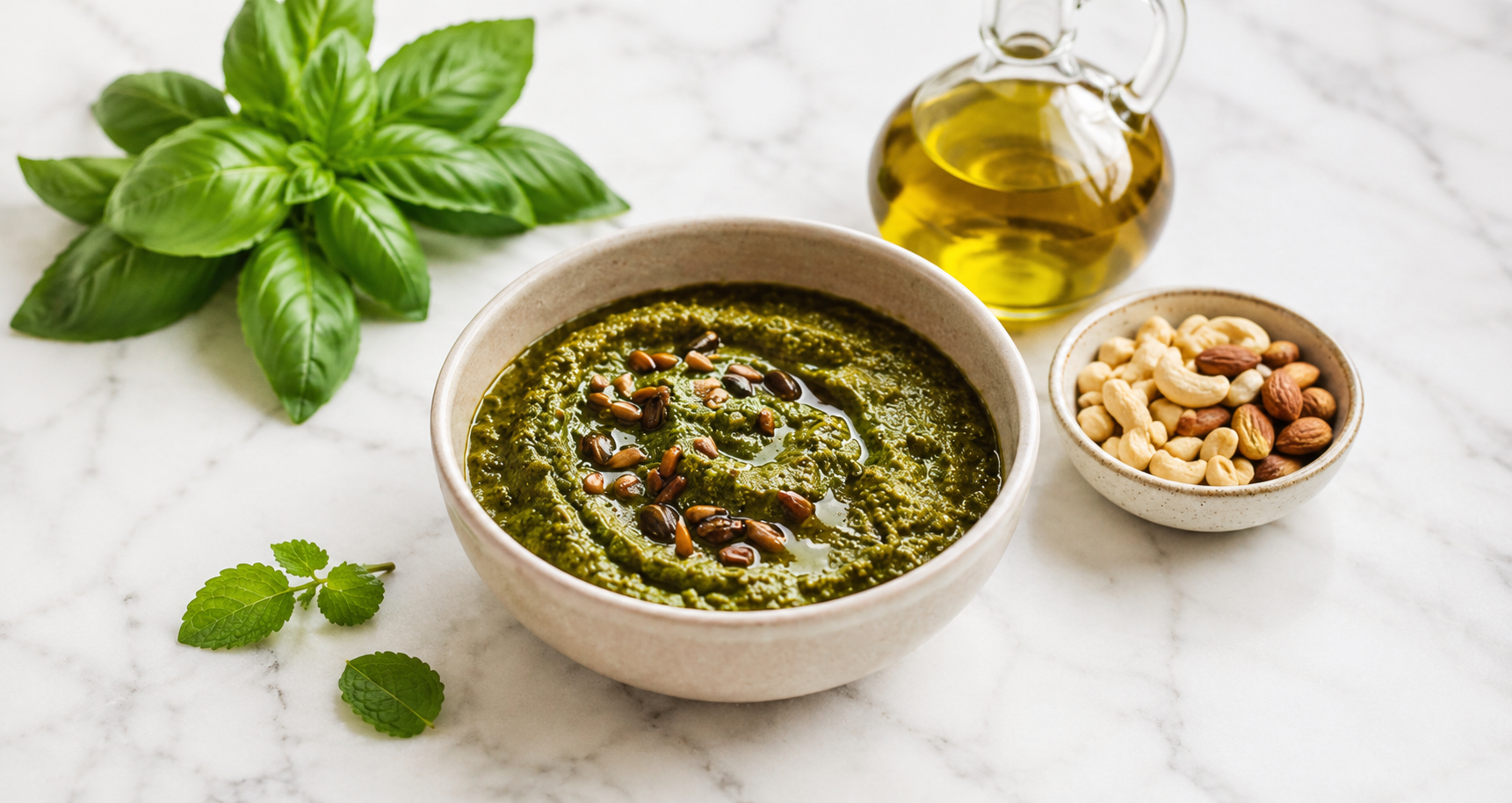 Ciotola di pesto verde con basilico fresco, foglie di menta, frutta secca mista e oliera su piano in marmo bianco