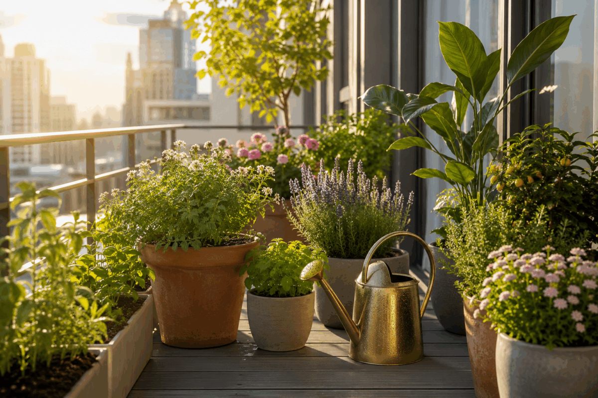 piante in vaso su balcone estivo illuminate dalla luce del mattino