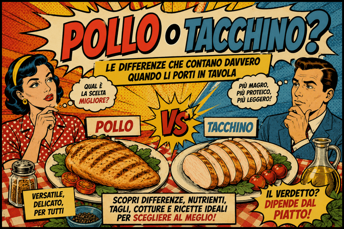 Illustrazione in stile fumetto vintage che confronta pollo e tacchino su due piatti, con grafica pop-art e titolo “Pollo o tacchino?”