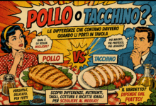 Illustrazione in stile fumetto vintage che confronta pollo e tacchino su due piatti, con grafica pop-art e titolo “Pollo o tacchino?”