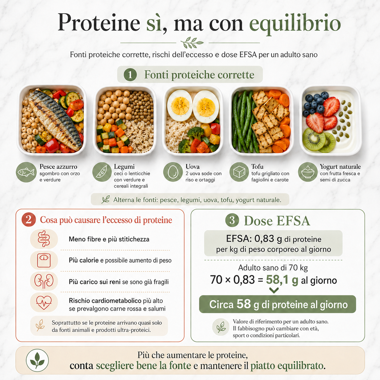 Infografica quadrata che mostra fonti proteiche corrette, i possibili effetti dell’eccesso di proteine e la dose giornaliera EFSA consigliata per un adulto sano di 70 kg