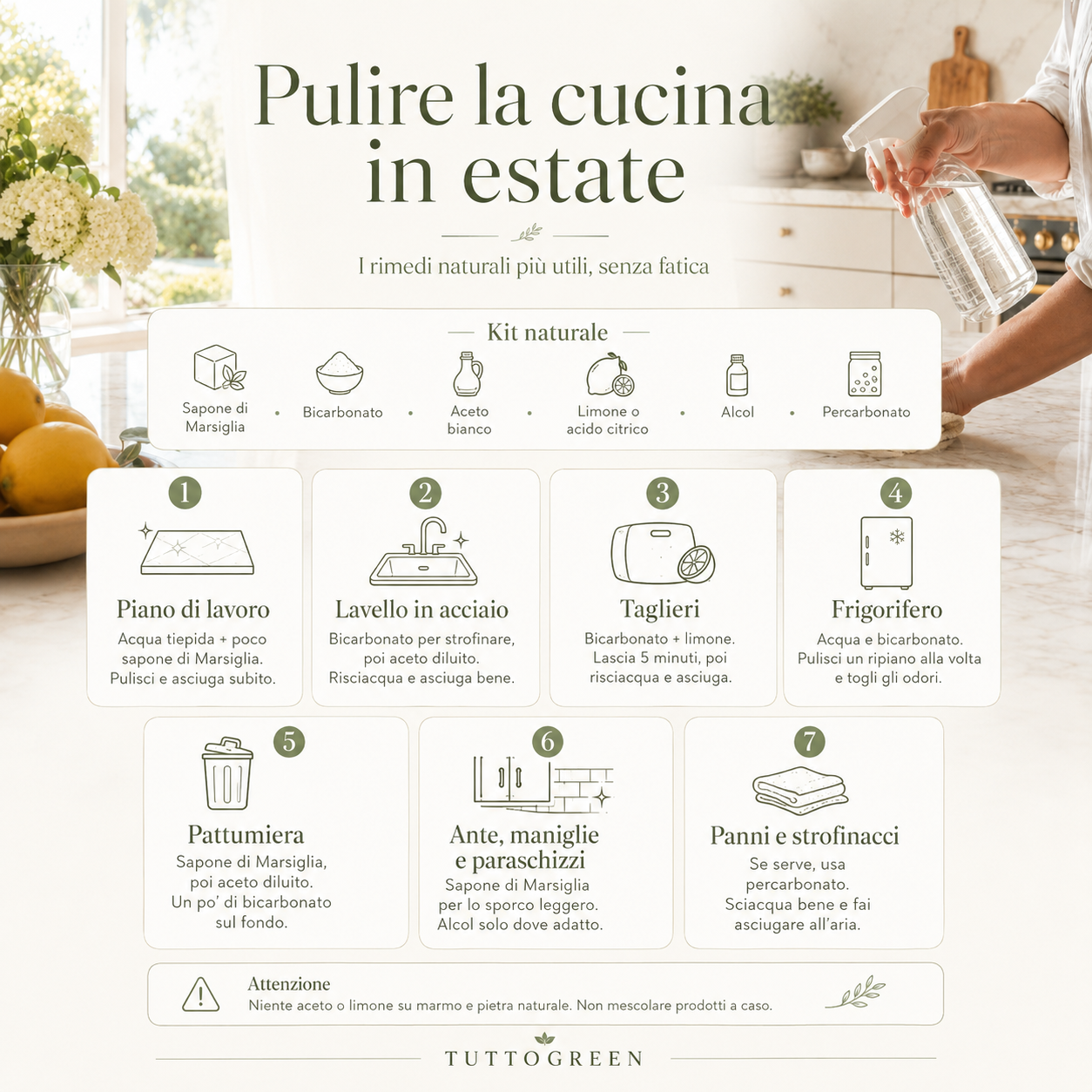 Infografica elegante e minimal su come pulire la cucina in estate con rimedi naturali, con consigli per piano di lavoro, lavello, taglieri, frigorifero, pattumiera, ante e panni, ispirata a una cucina luminosa con top in marmo