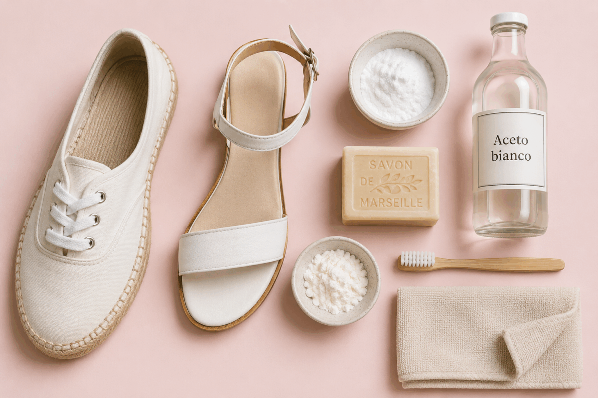 Scarpa bianca in tela tipo espadrillas e sandalo bianco su fondo rosa pallido con bicarbonato, sapone di Marsiglia, aceto bianco, amido di mais, spazzolino e panno morbido