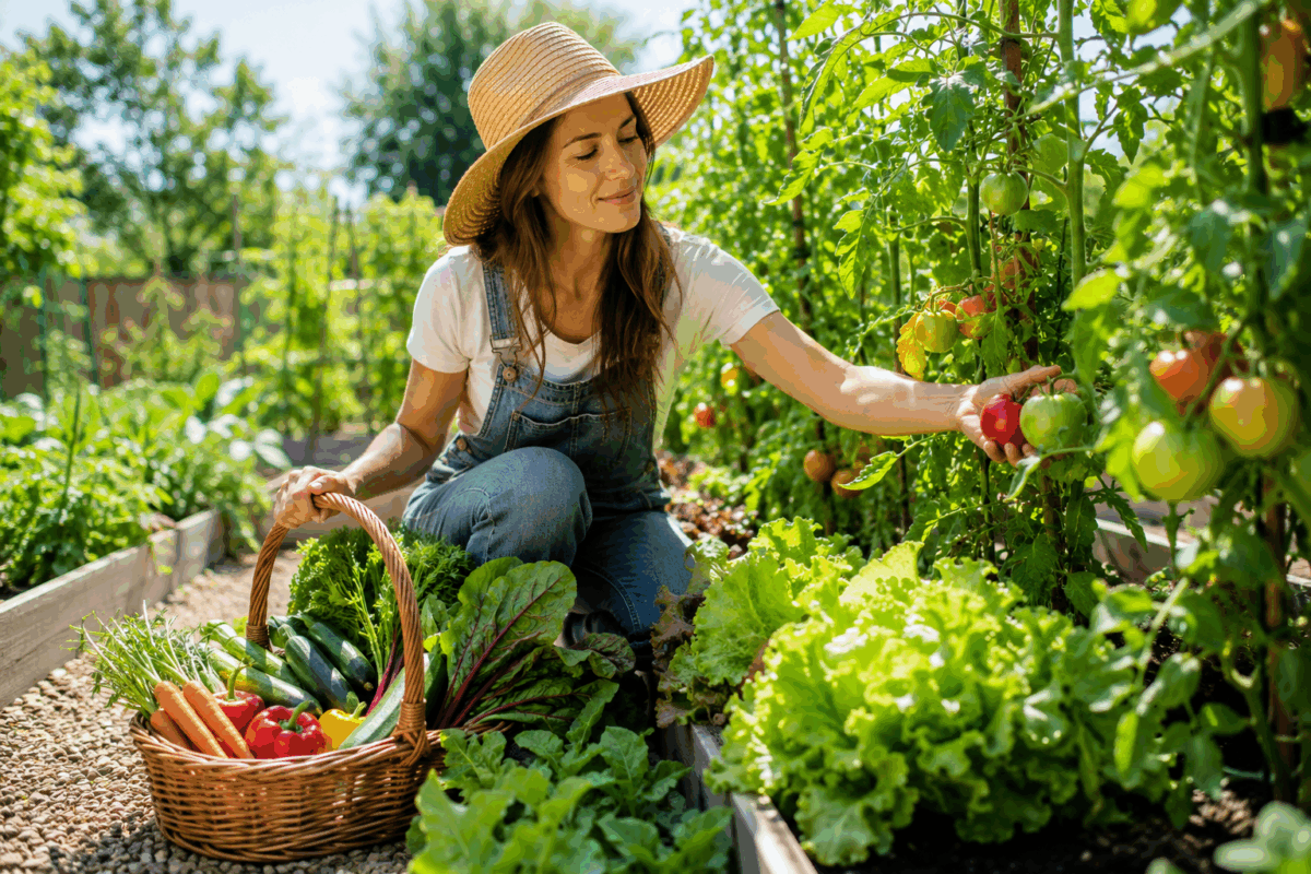 Persona che raccoglie pomodori e insalata da taglio in un piccolo orto estivo con paniere pieno di verdure fresche in una luminosa mattinata di giugno