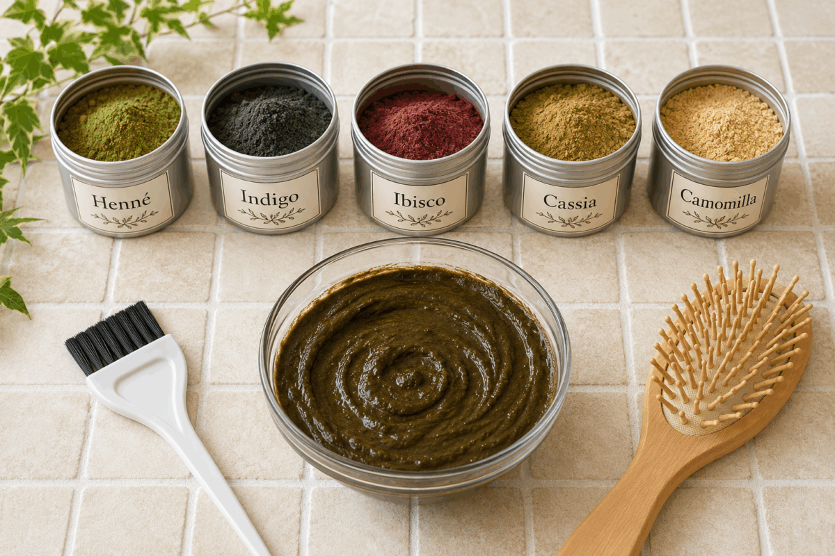 Immagine dall’alto con barattoli di erbe tintorie naturali etichettati henné, indigo, ibisco, cassia e camomilla, accanto a una ciotola di vetro con pasta pronta per la tinta, un pennello bianco da tintura e una spazzola di legno chiaro