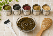 Immagine dall’alto con barattoli di erbe tintorie naturali etichettati henné, indigo, ibisco, cassia e camomilla, accanto a una ciotola di vetro con pasta pronta per la tinta, un pennello bianco da tintura e una spazzola di legno chiaro