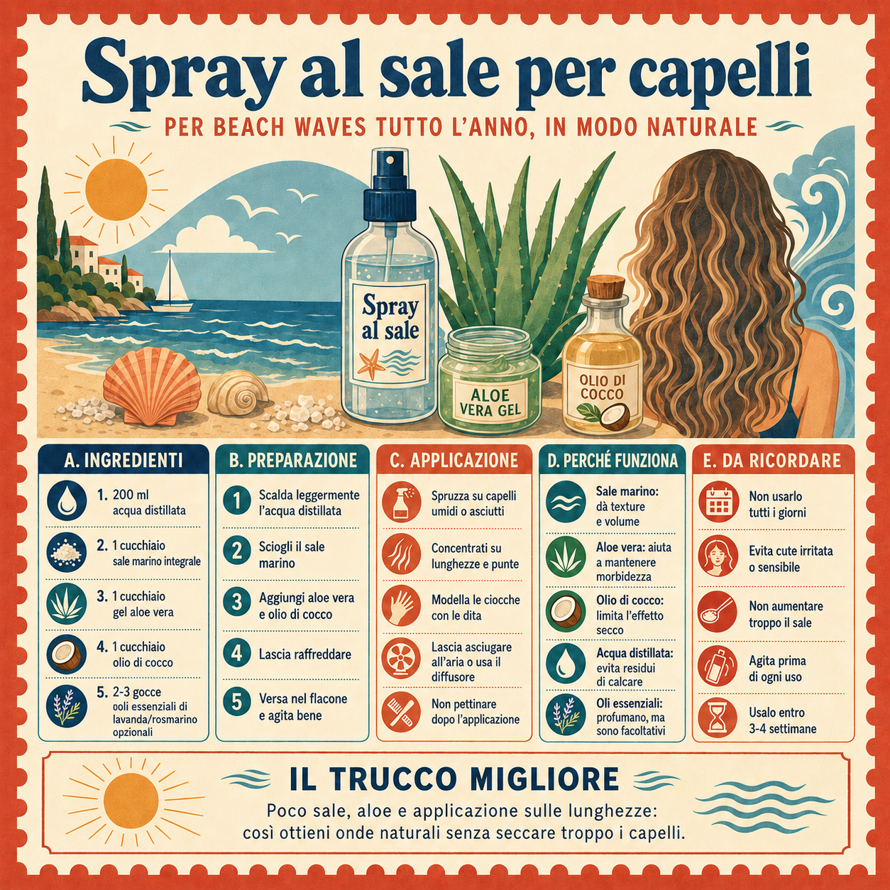 Infografica quadrata in stile rétro che spiega come preparare uno spray al sale per capelli per ottenere beach waves tutto l’anno, con ingredienti, preparazione, applicazione e consigli utili.