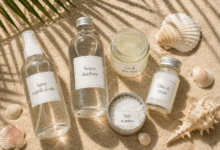 Flat-lay su sabbia con flacone spray per capelli al sale, acqua distillata, gel di aloe vera, olio di cocco e sale marino, con conchiglie e ombre di palma