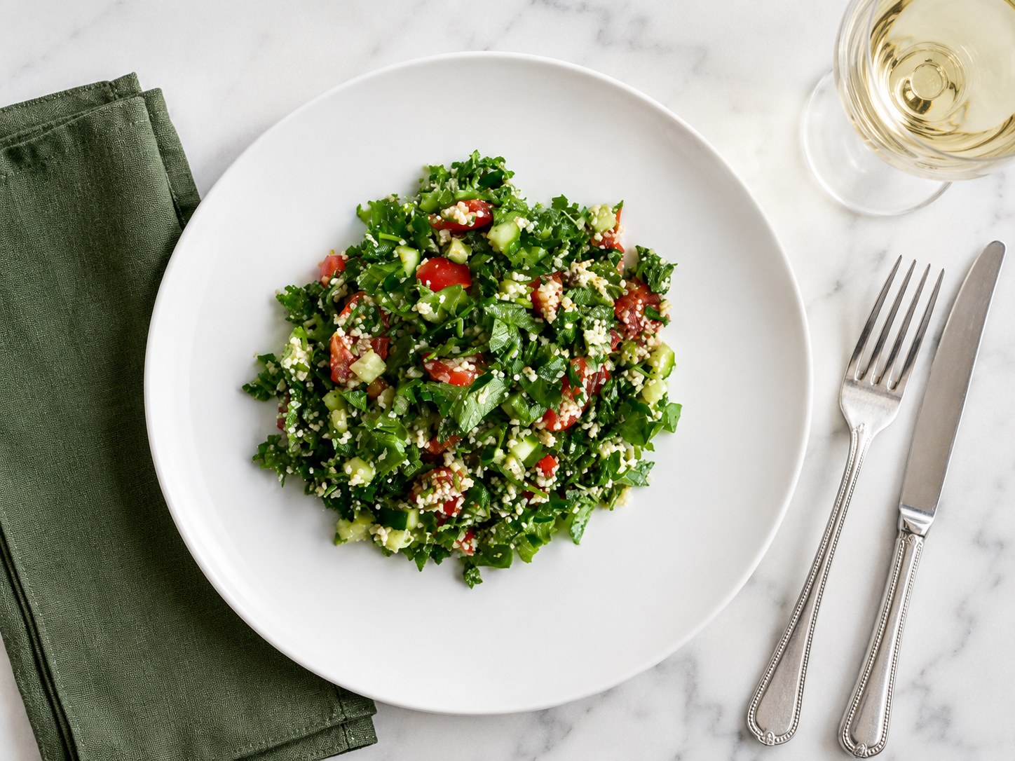 Tabbouleh tradizionale servito in piatto bianco, preparato con molto prezzemolo, menta fresca, pomodoro e cipollotto