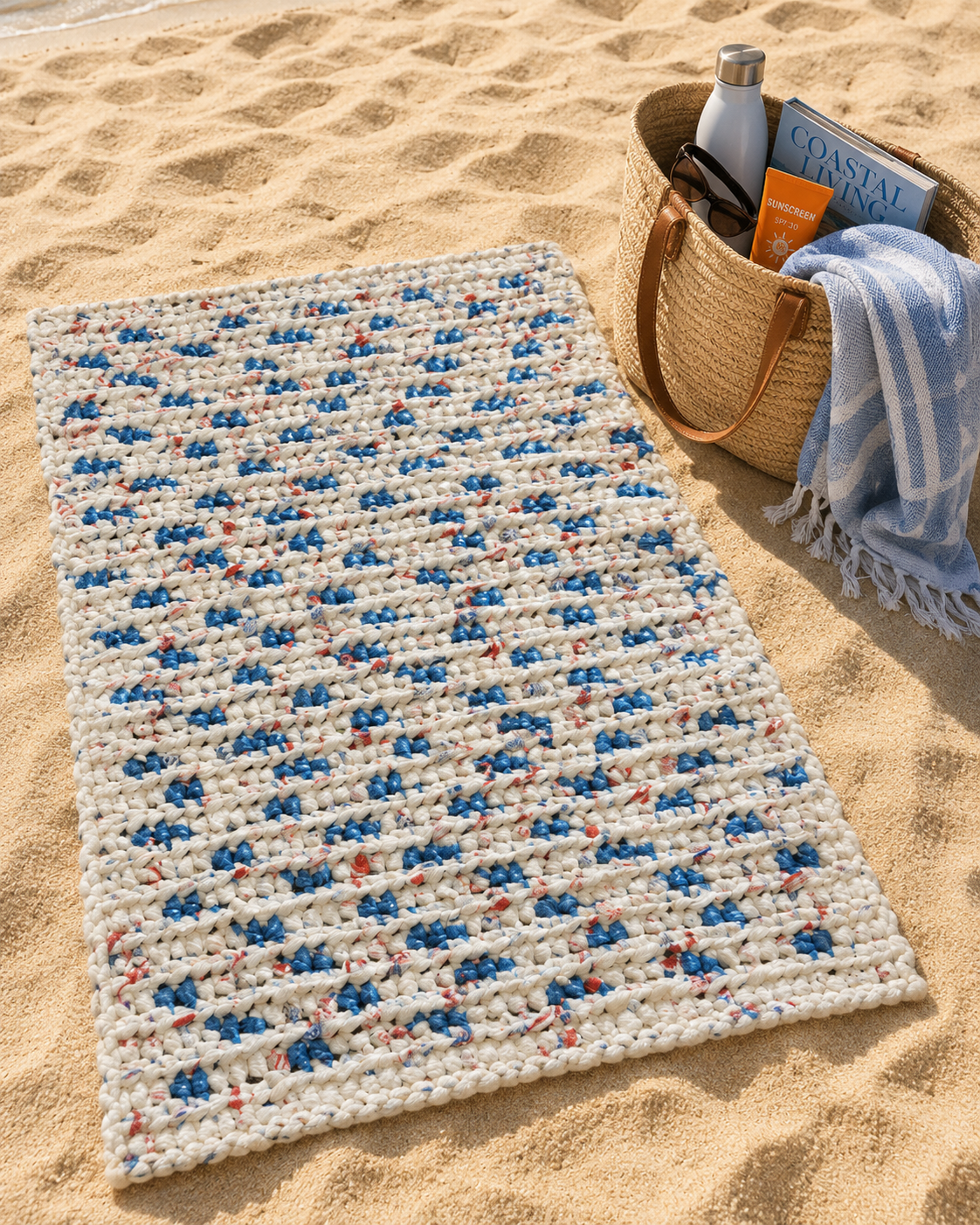 Tappeto intrecciato realizzato con materiale riciclato steso sulla sabbia, accanto a una borsa da spiaggia con asciugamano, libro, occhiali, borraccia e crema solare