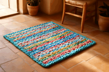 Tappeto da spiaggia con borse di plastica: riciclo creativo