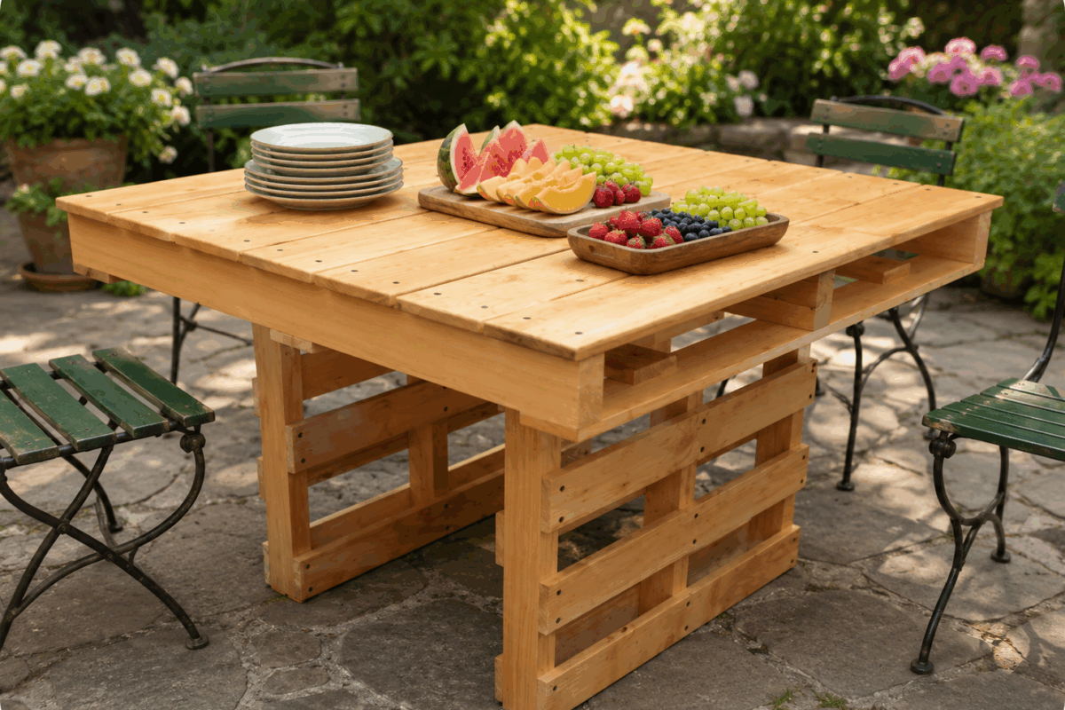 Tavolo in pallet su pavimento in pietra grigia con pila di piatti, vassoi di frutta tagliata e sedie in ferro a doghe verdi, in giardino