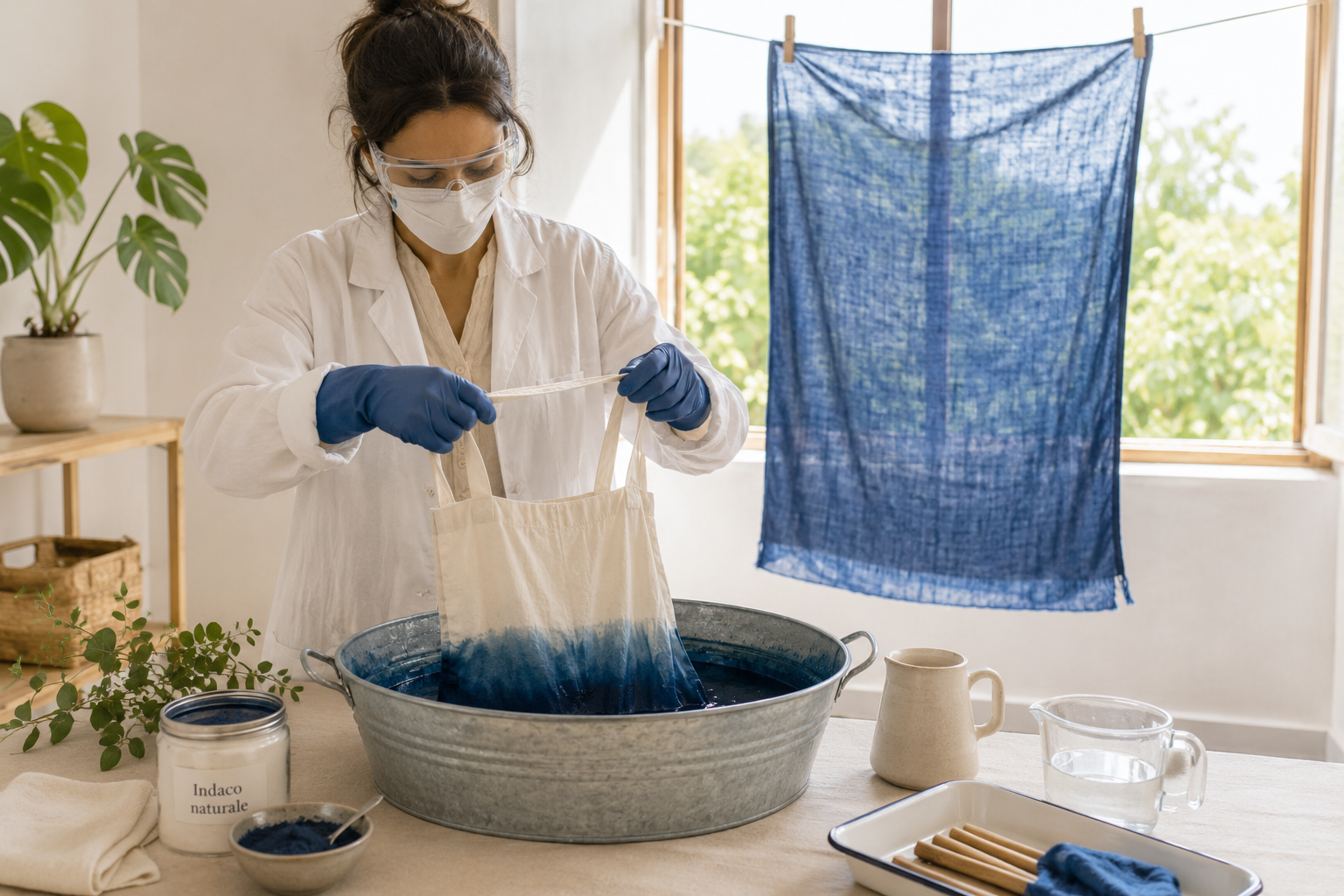 Persona con occhiali protettivi, maschera, guanti e camice mentre tinge una tote bag in un tino di metallo, con telo azzurro indaco appeso davanti alla finestra