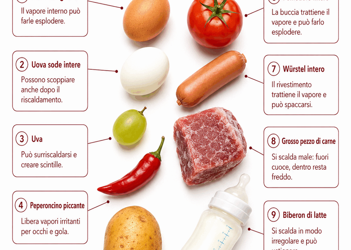 Infografica con 10 alimenti da non mettere nel microonde e i motivi per cui possono esplodere, scaldarsi male o provocare ustioni