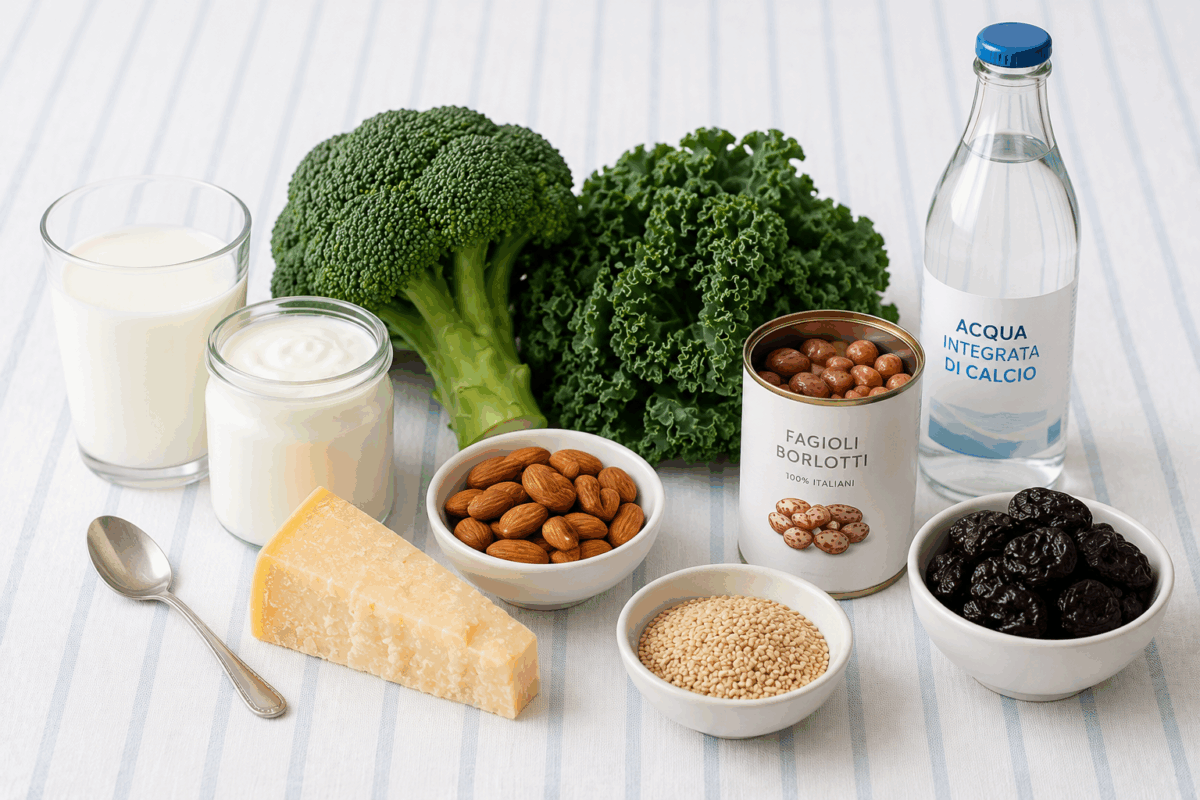 Bicchiere di latte, yogurt, Parmigiano, broccoli, cavolo riccio, mandorle, semi di sesamo, fagioli borlotti, acqua ricca di calcio e prugne secche, alimenti utili per ossa e denti
