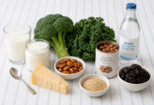 Bicchiere di latte, yogurt, Parmigiano, broccoli, cavolo riccio, mandorle, semi di sesamo, fagioli borlotti, acqua ricca di calcio e prugne secche, alimenti utili per ossa e denti