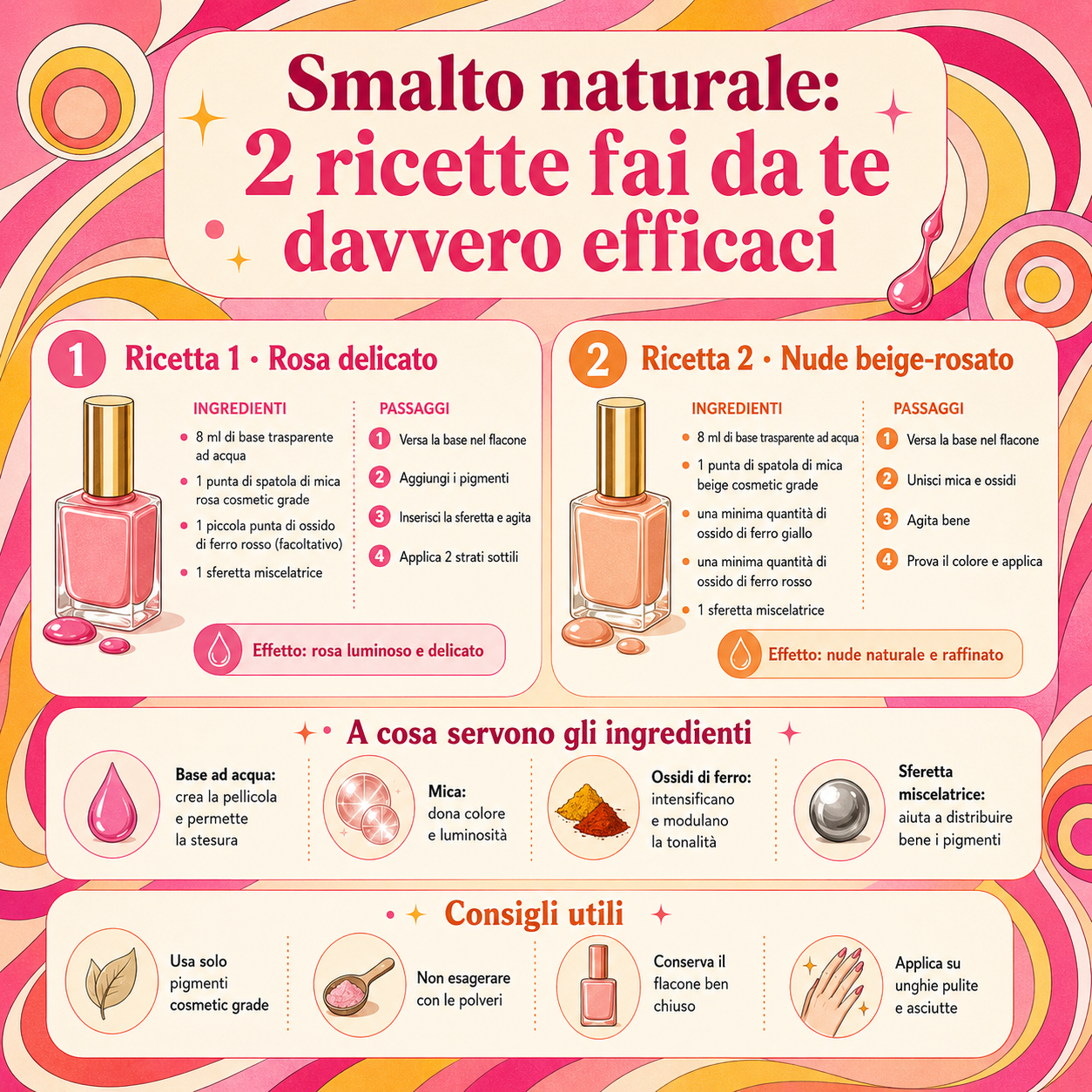 Infografica quadrata con due ricette di smalto naturale fai da te, rosa delicato e nude beige-rosato, con ingredienti, passaggi e funzione dei component