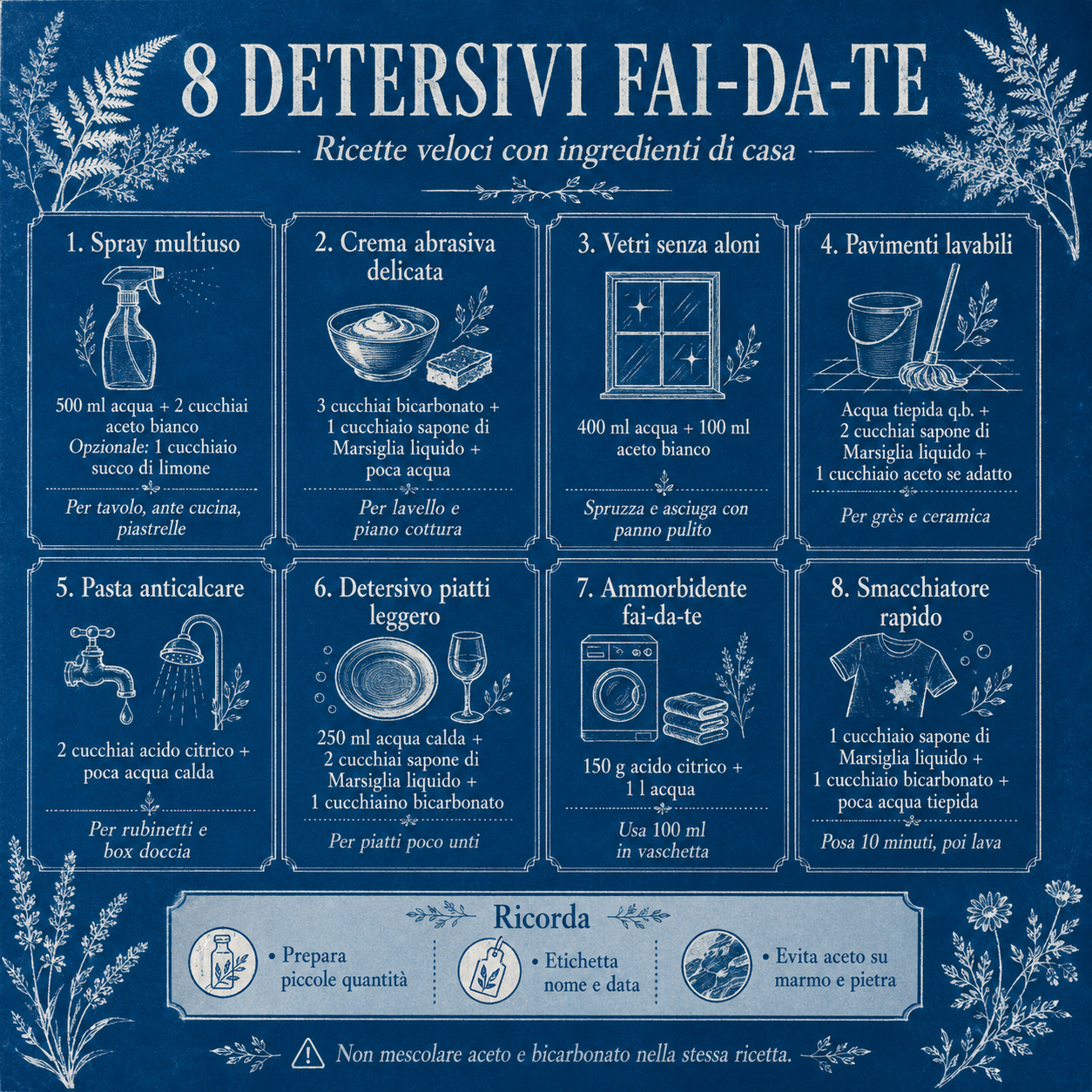 Infografica quadrata in stile botanico blu e bianco che riassume 8 detersivi fai-da-te da preparare in pochi minuti con ingredienti di casa, tra cui spray multiuso, crema abrasiva, detergente vetri, detergente pavimenti, pasta anticalcare, detersivo piatti, ammorbidente e smacchiatore