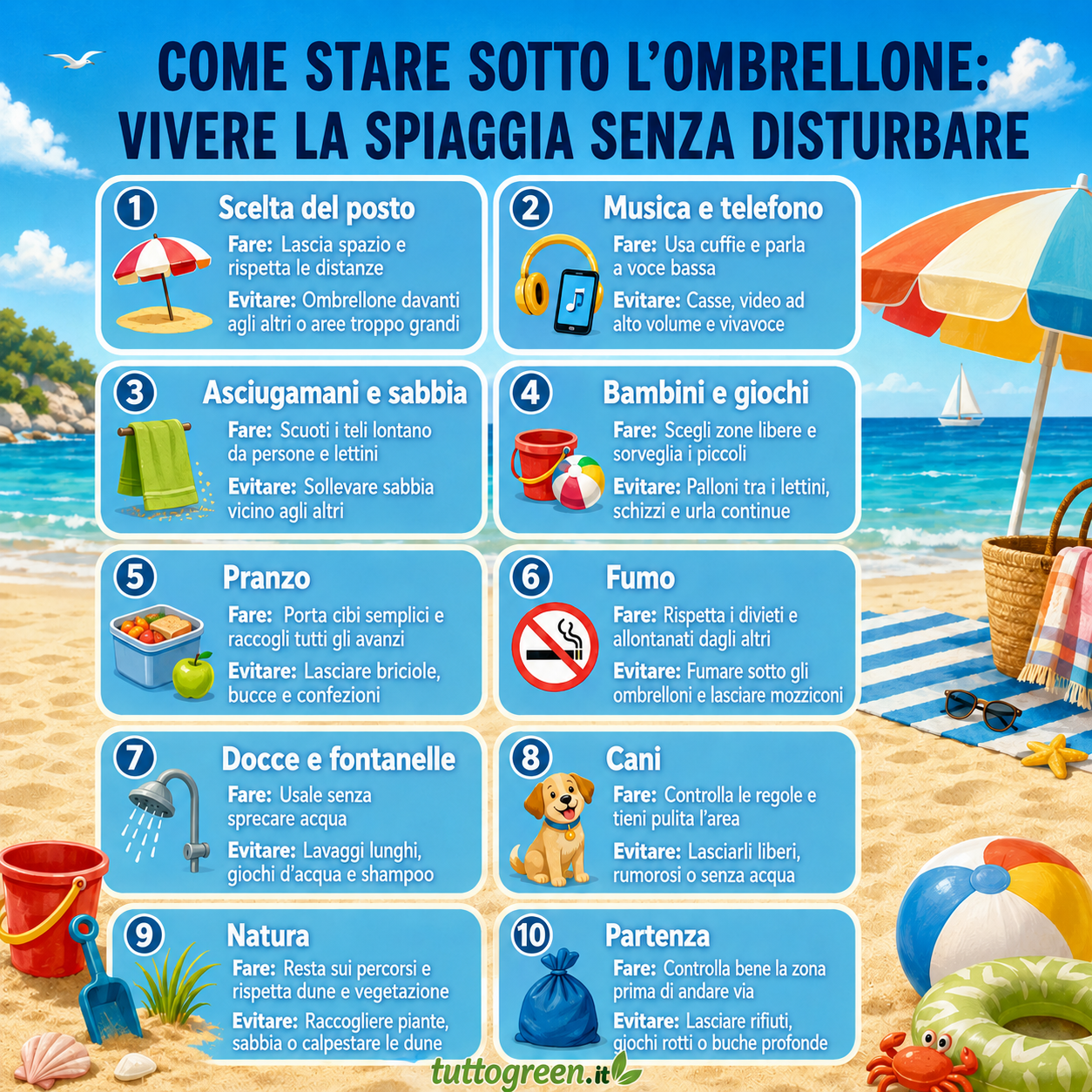 Infografica quadrata con 10 regole per stare sotto l’ombrellone senza disturbare, con consigli su posto, musica, asciugamani, giochi, pranzo, fumo, docce, cani, natura e partenza