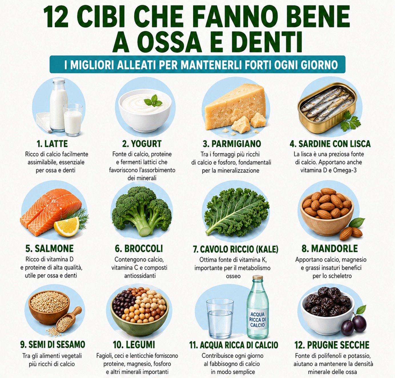I 12 cibi che fannio bene ad ossa e denti e sono ricch di calcio