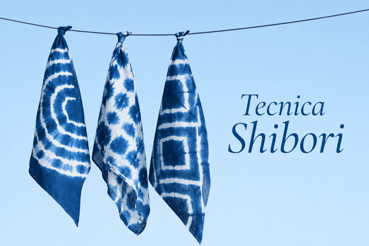 Tre tessuti tinti con tecnica shibori appesi su un filo, su sfondo azzurro, con scritta blu Tecnica Shibori