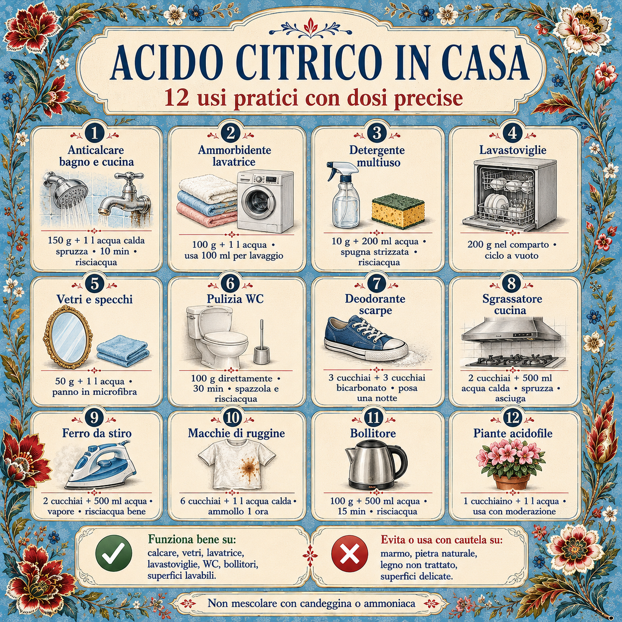 Infografica decorativa in stile floreale che riassume 12 usi pratici dell’acido citrico in casa, con dosi precise per anticalcare, ammorbidente, multiuso, lavastoviglie, vetri, WC, scarpe, cucina, ferro da stiro, ruggine, bollitore e piante acidofile