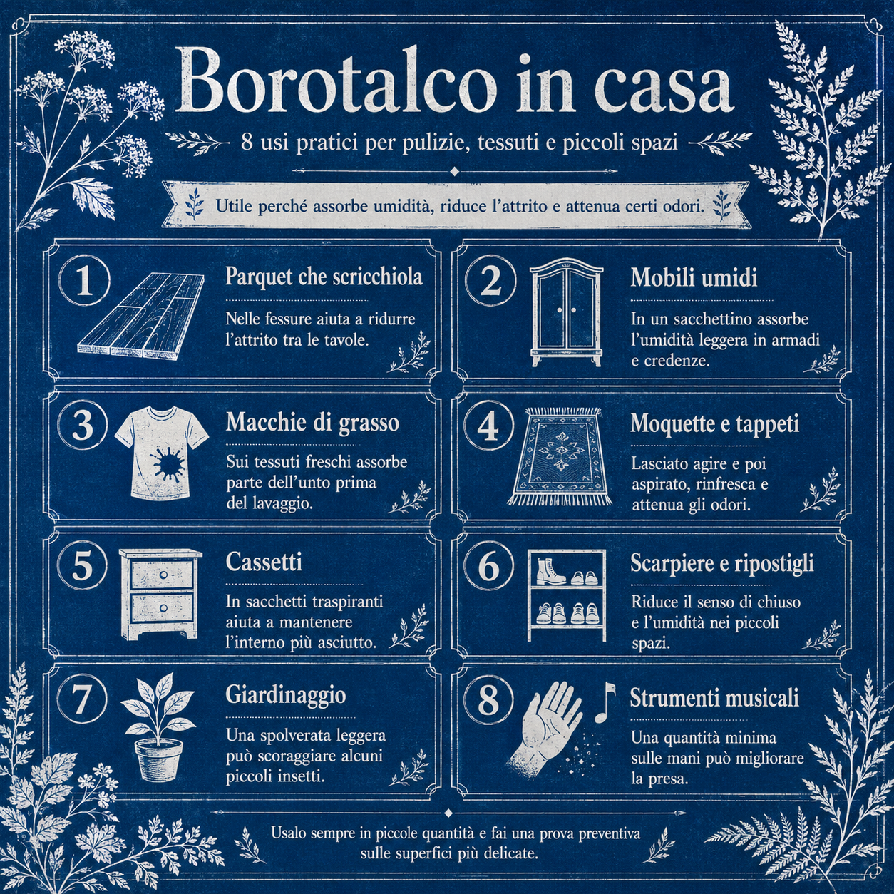 Infografica sul borotalco in casa con 8 usi pratici per parquet, mobili umidi, macchie di grasso, tappeti, cassetti, scarpiere, giardinaggio e strumenti musicali
