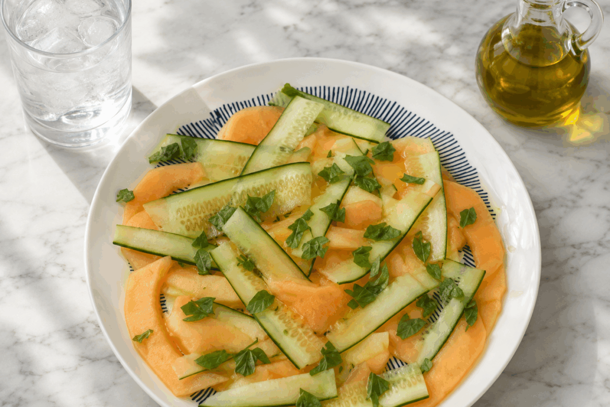 Carpaccio di melone e cetrioli con erbe aromatiche fresche, servito su piatto bianco rotondo con tovagliolo di lino arancione e forchetta, ideale come piatto estivo leggero