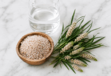 Ciotola con semi di psillio, pianta di Plantago ovata e bicchiere d’acqua su piano in marmo bianco