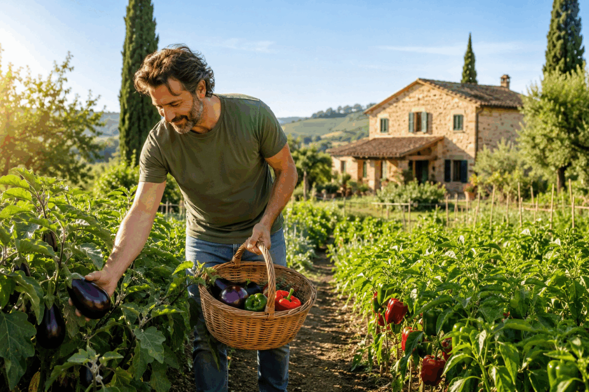 Uomo che raccoglie melanzane e peperoni in un piccolo orto di campagna a luglio, con un cesto di verdure e una casa della provincia italiana sullo sfondo al sole del mattino