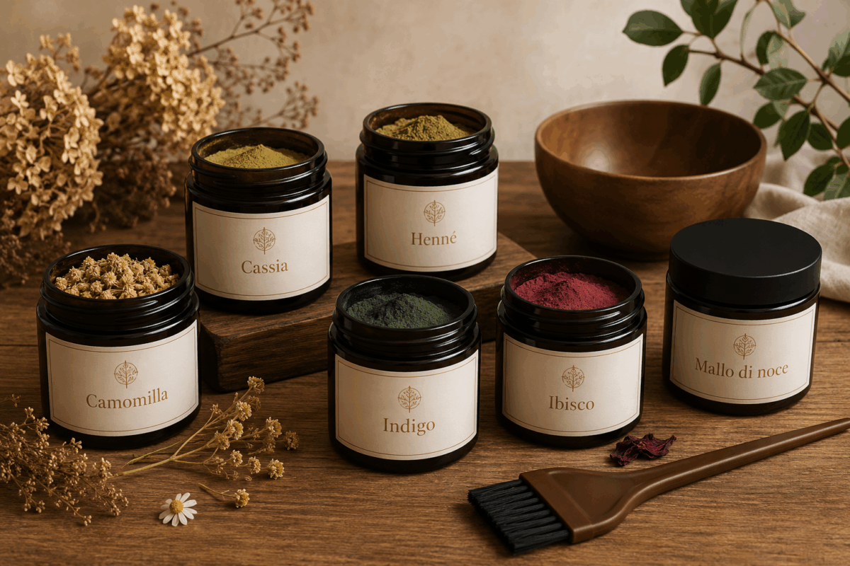 Immagine di copertina con barattoli di erbe tintorie naturali per capelli, tra cui camomilla, cassia, henné, indigo, ibisco e mallo di noce, disposti su un piano di legno con pennello e ciotola