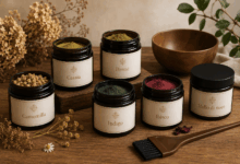 Immagine di copertina con barattoli di erbe tintorie naturali per capelli, tra cui camomilla, cassia, henné, indigo, ibisco e mallo di noce, disposti su un piano di legno con pennello e ciotola