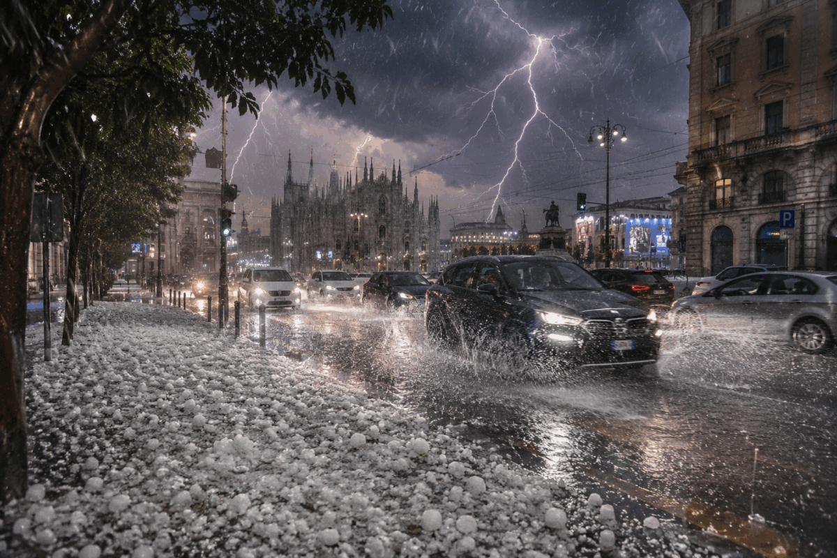 forte temporale estivo con grandinata dopo grande ondata di calore in città