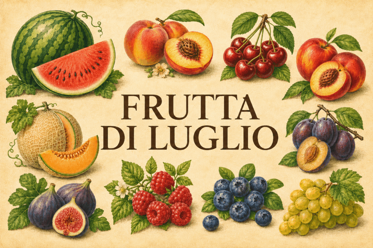 Illustrazione vintage della frutta di stagione di luglio con anguria, melone, pesche, ciliegie, susine, fichi, lamponi, mirtilli e uva