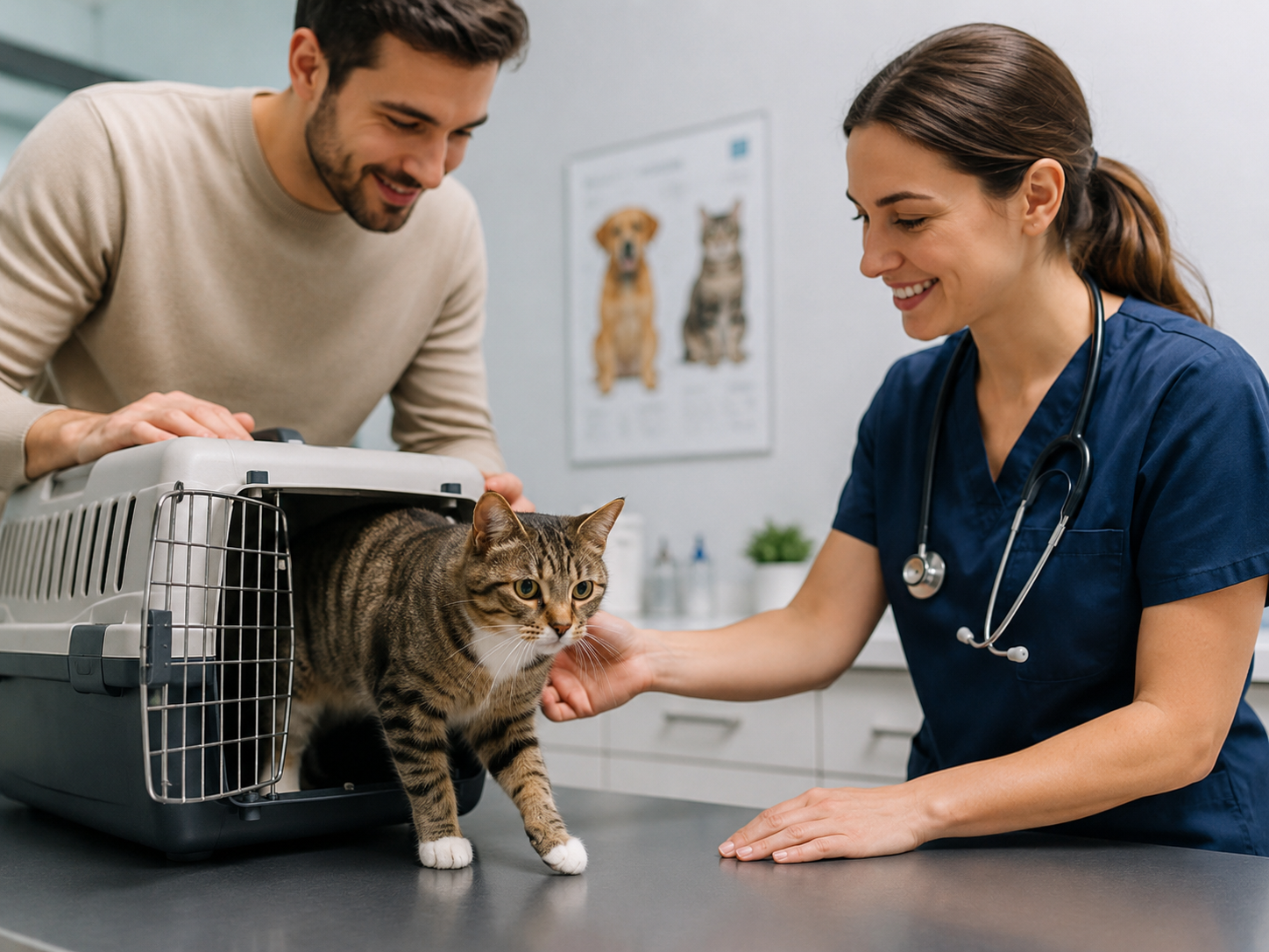 Gatto che esce dal trasportino durante una visita in clinica, accarezzato da una veterinaria mentre il proprietario lo accompagna