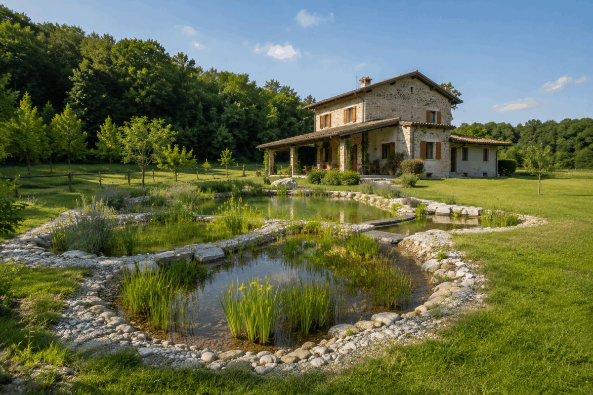 Casa di campagna al margine del bosco con impianto di fitodepurazione integrato nel giardino, formato da vasche naturali con acqua, ghiaia, pietre e piante acquatiche